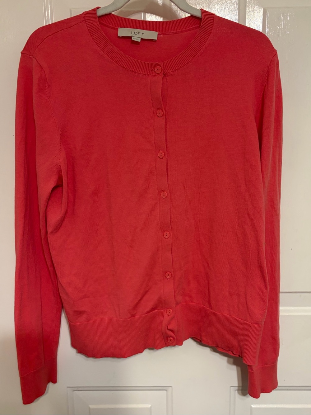 LOFT Women's Coral-Pink Traditional Crew-Neck Long-Sleeve Cardigan Sweater XL